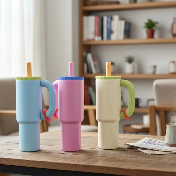 Portable Coffee Mug with Handle and Straw
