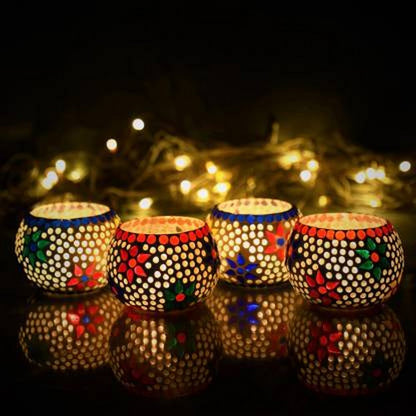 ECraftIndia Set of 4 Mosaic Glass Decorative Tea Light Holder